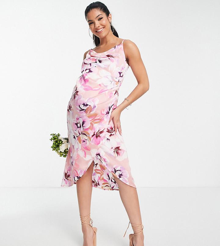 Liquorish Maternity Bridesmaid Satin Wrap Midi Dress In Soft Pastel Floral-multi