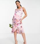 Liquorish Maternity Bridesmaid Satin Wrap Midi Dress In Soft Pastel Floral-multi
