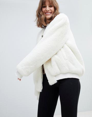 Native Rose Oversized Fluffy Bomber Jacket-white