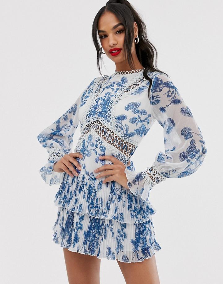 Asos Design Mini Dress With Lace Detail In Toile Du Joue Print - Multi