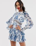 Asos Design Mini Dress With Lace Detail In Toile Du Joue Print - Multi