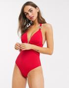 Lipsy X Abbey Clancy Plunge Front Swimsuit With Hardware Detail In Red