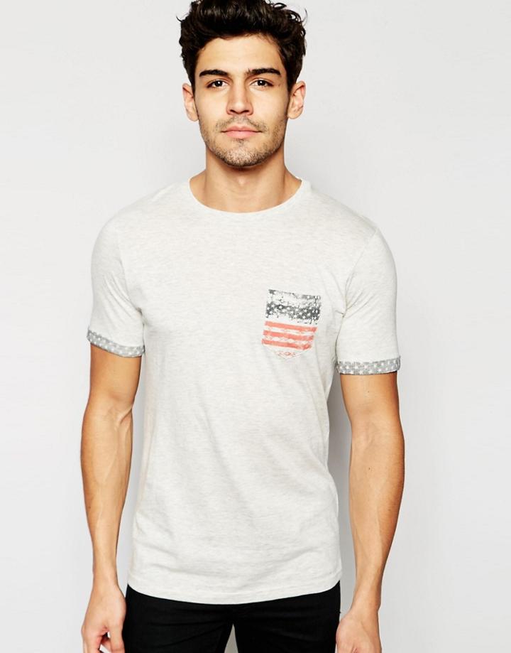 Brave Soul Usa Print Washed Pocket T-shirt - Cream