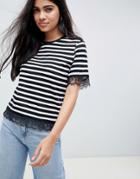 Asos Design Stripe T-shirt With Lace Detail - Multi