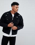Siksilk Collarless Muscle Denim Jacket In Black With Distressing - Black