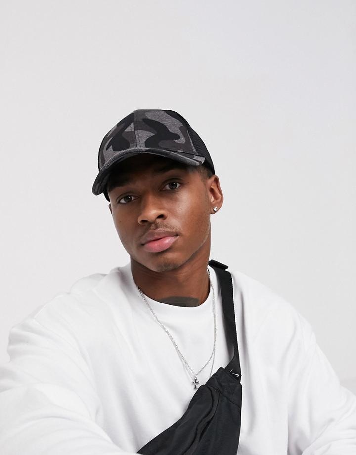 Asos Design Trucker Cap In Gray With Camo Print