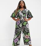 Liquorish Curve Wrap Jumpsuit In Tropical Floral Print-multi