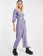 Asos Design Plisse Long Sleeve Tea Jumpsuit In Floral-multi