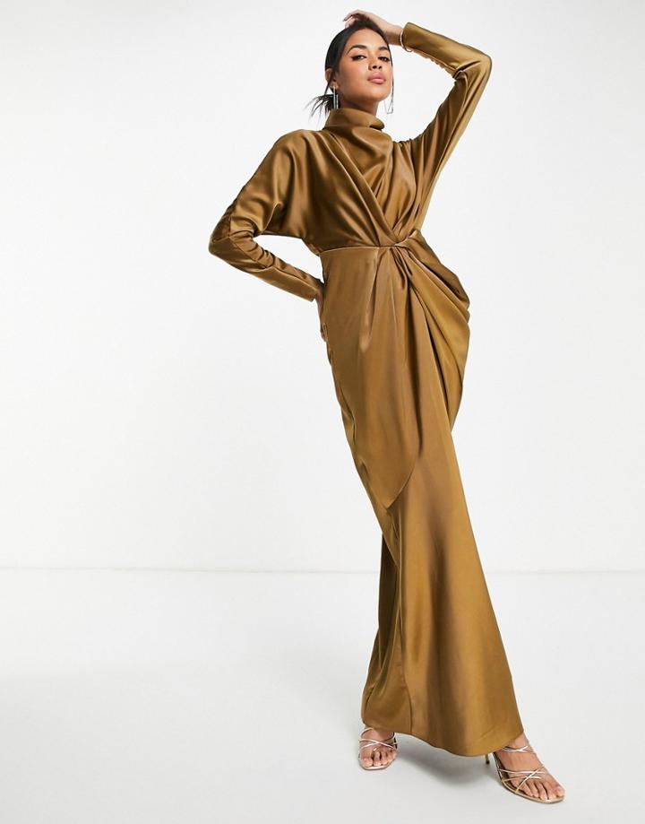 Asos Design High Neck Draped Satin Maxi Dress-green