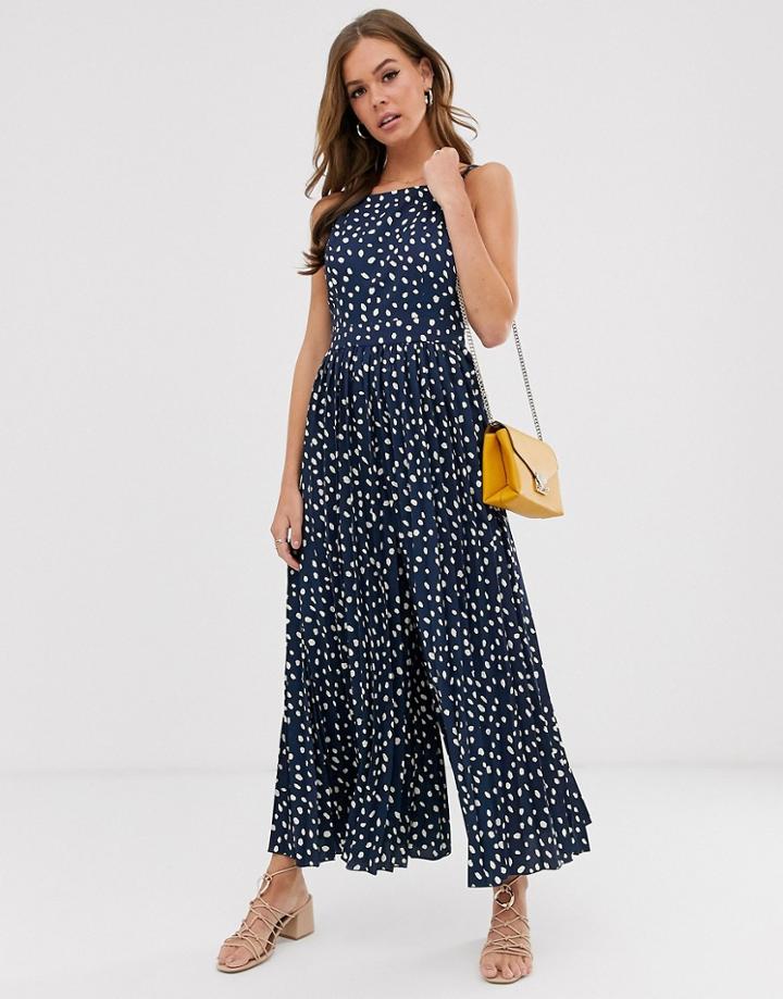 Asos Design Pleated Culotte Jumpsuit In Navy Polka Dot - Multi