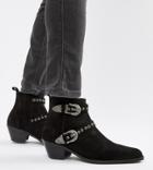 Asos Design Wide Fit Stacked Heel Boots In Black Suede With Silver Western Buckles - Black