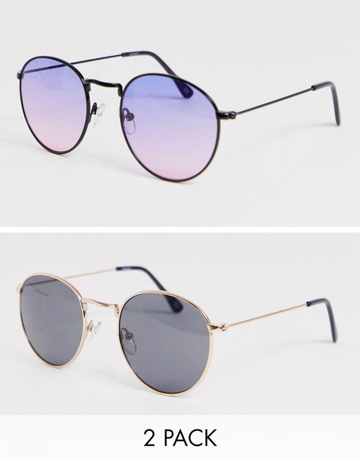 Asos Design Round Sunglasses 2 Pack With Gold Frames And Purple Grad Lenses Save