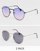 Asos Design Round Sunglasses 2 Pack With Gold Frames And Purple Grad Lenses Save