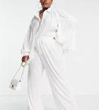 Public Desire Curve Plisse Wide Leg Pants Set In Ecru-neutral
