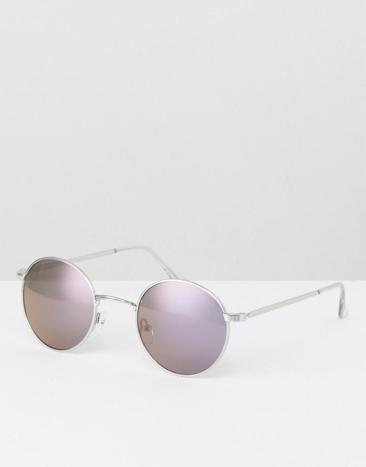 Asos Round Sunglasses In Silver With Purple Mirror Lens - Purple