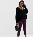 Asos Design Maternity Ultimate Over The Bump Ankle Grazer Pants In Purple Check - Multi