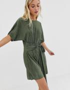 Asos Design Plisse Knot Front Short Sleeve Romper - Green