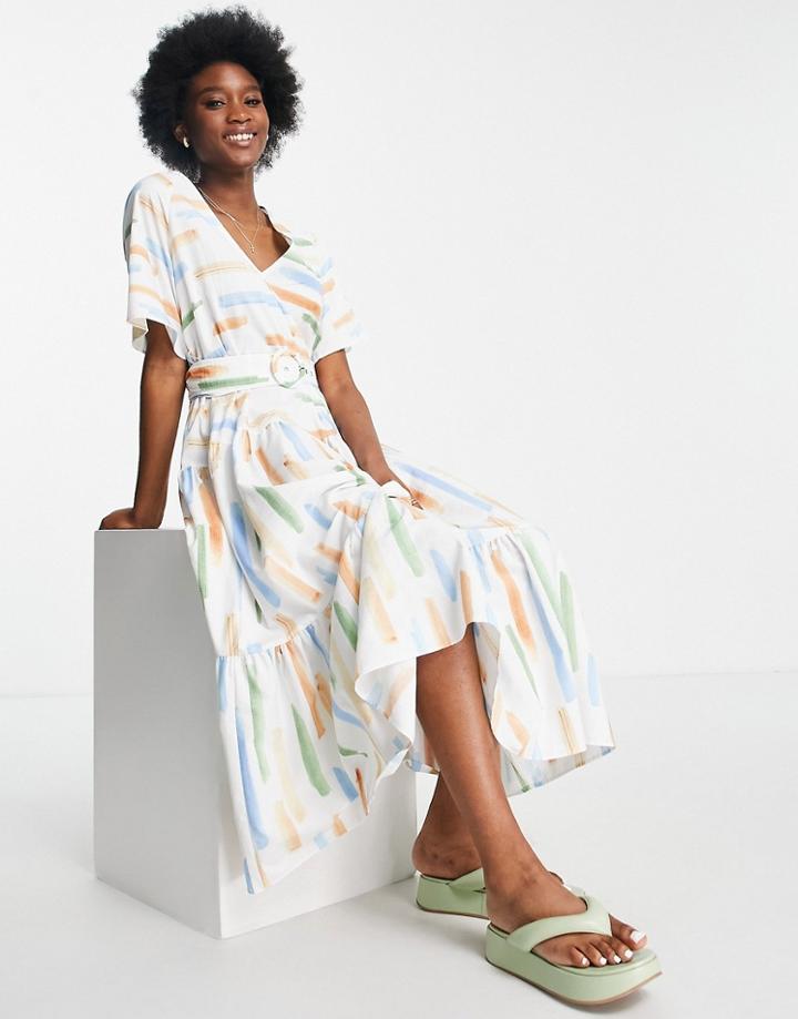 Asos Design Tiered Belted Midi Dress In Cotton Poplin In Abstract Print-multi