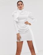 Public Desire X Lissy Roddy Mini Dress With Puff Shoulders And Tie Neck-white
