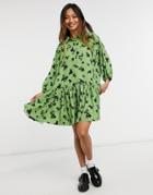 Glamorous Mini Smock Dress With Volume Sleeves In Vintage Floral-green