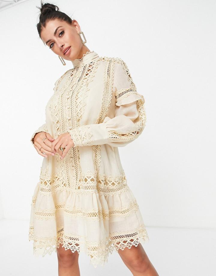 Asos Design Premium Voile Smock Mini Dress With Lace Trims-white