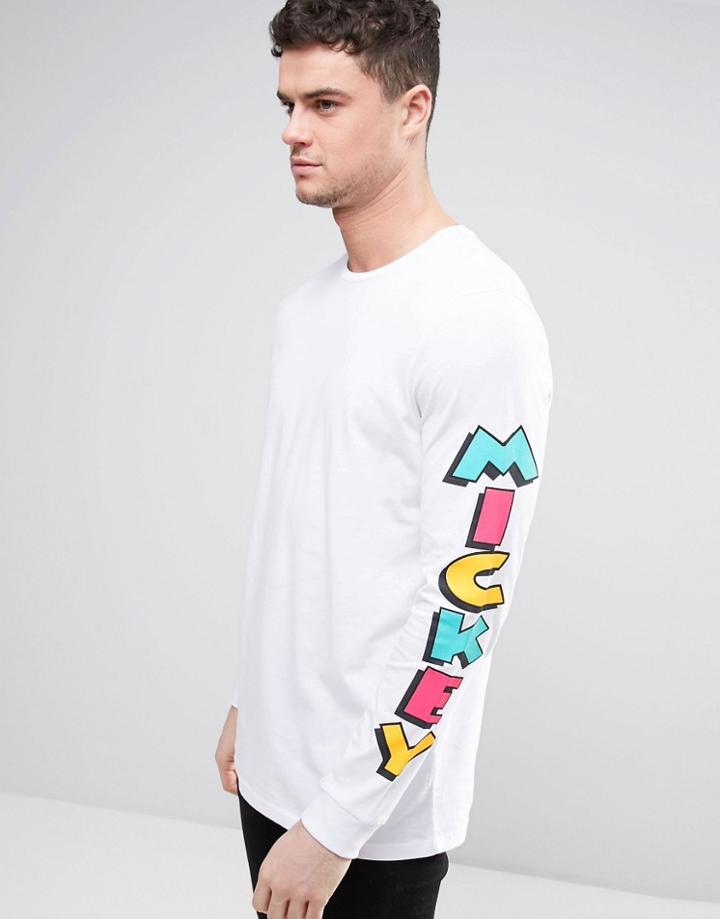 Asos Mickey Longline Long Sleeve T-shirt With Sleeve Print - White