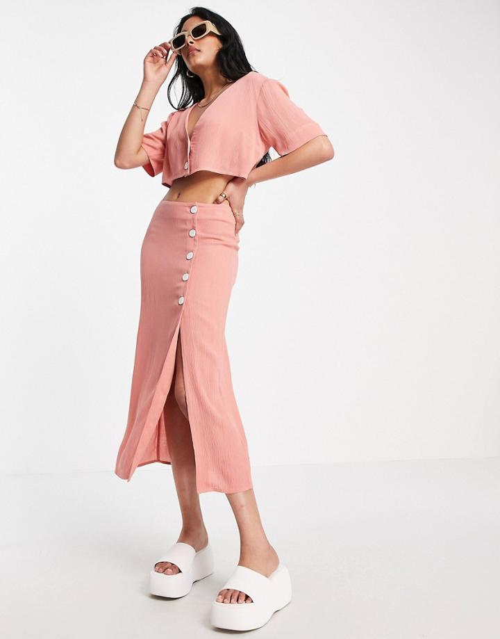 Asos Design Crinkle Button Side Midi Skirt In Pink - Part Of A Set