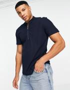 Selected Homme Textured Zip Polo In Navy