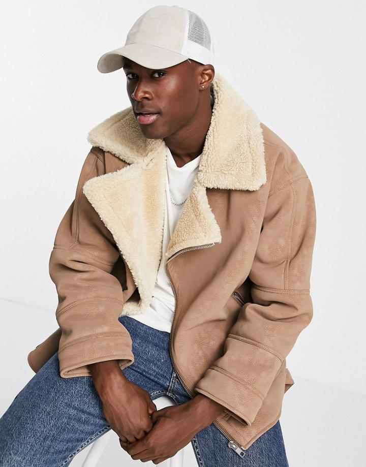 Topman Faux Shearling Biker Jacket In Tan-brown