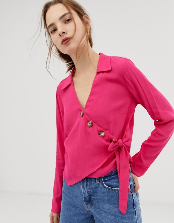 Asos Design Wrap Top With Asymmetric Button Detail - Pink
