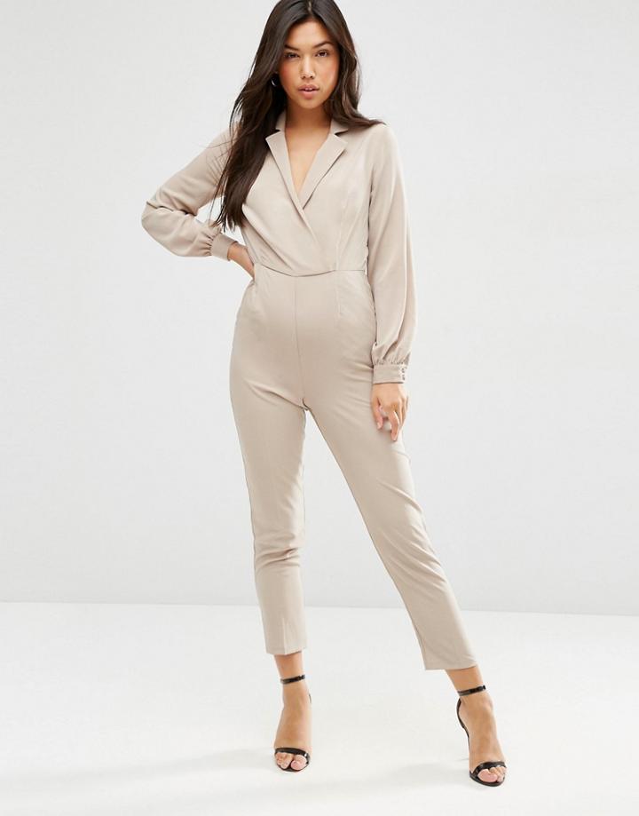 Asos Long Sleeve Jumpsuit With Collar And Wrap Front - Neutral