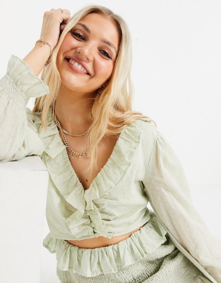 Asos Design Soft Cut Out Mini Dress With Shirred Skirt In Textured In Sage Green