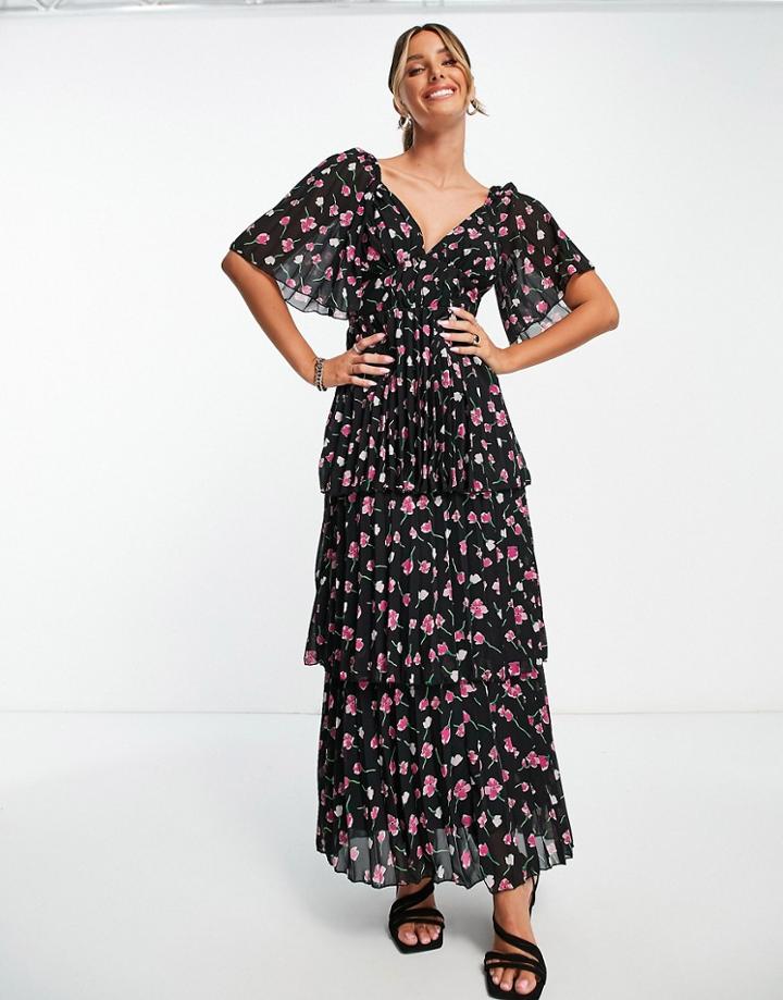 Asos Design Pleated Midi Dress With Tiered Skirt In Black Based Pink Floral-multi