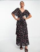 Asos Design Pleated Midi Dress With Tiered Skirt In Black Based Pink Floral-multi