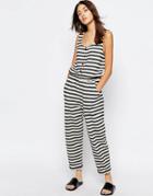 Asos Stripe Jersey Jumpsuit With Popper Front