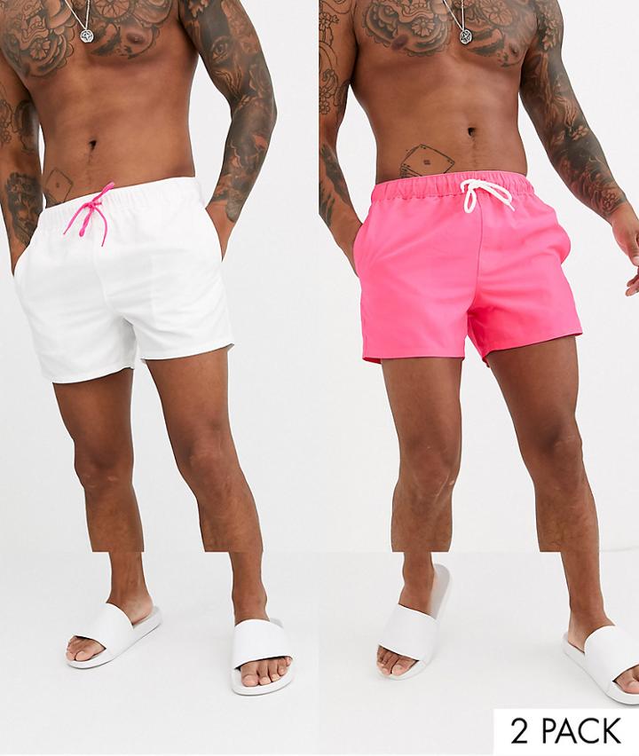 Asos Design 2 Pack Swim Short In Neon Pink And White Short Length Save-multi