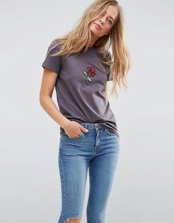 Asos T-shirt With Sequin Rose Print - Gray