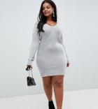 Brave Soul Plus Sweater Dress With V Neck - Gray