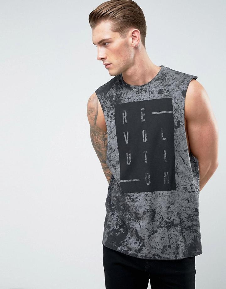 Asos Longline Sleeveless T-shirt With Bleach Wash And Text Print - Black
