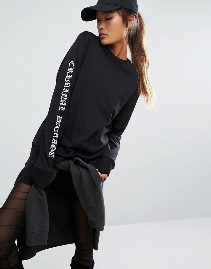 Criminal Damage Oversized Long Sleeve Top With Arm Logo - Black