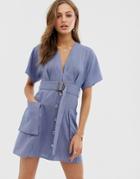 Moon River Plunge Dress With Belt And Pockets - Navy