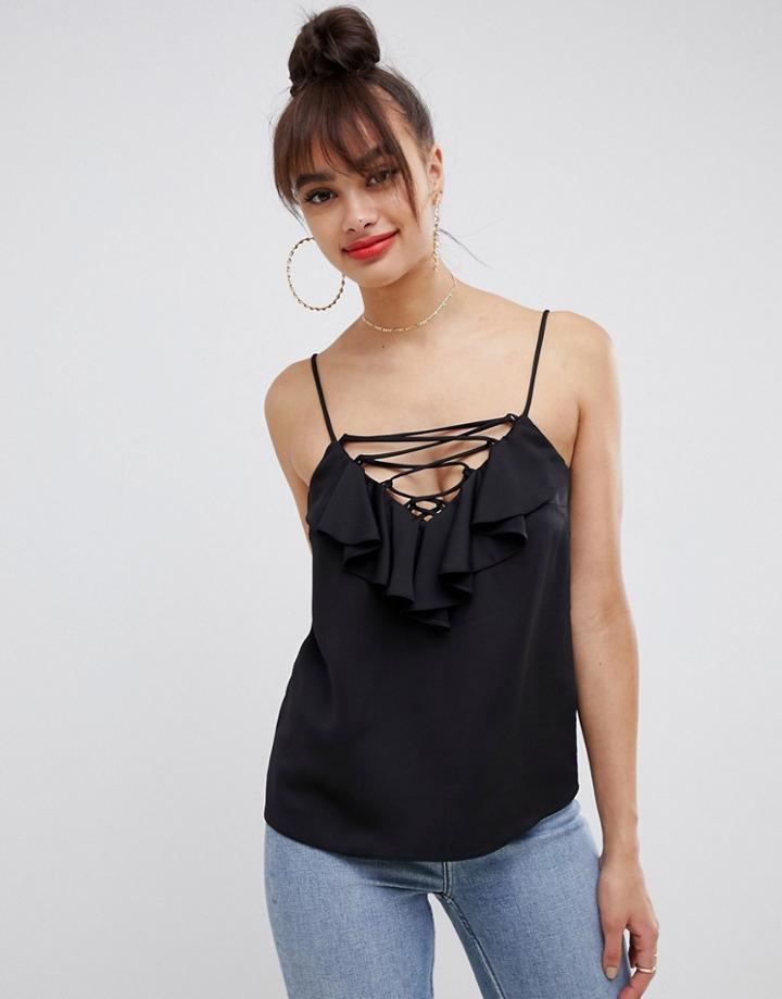 Asos Design Lattice Front Cami With Frill Detail - Black