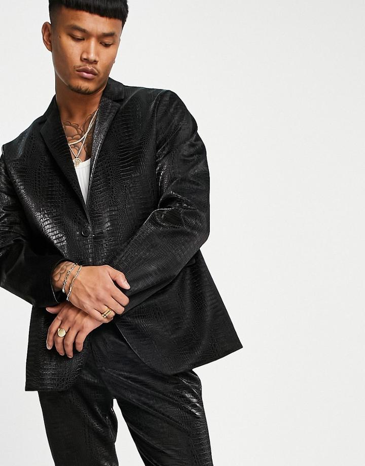 Asos Design Oversized Power Shoulder Suit Jacket With Croc Faux Leather In Black