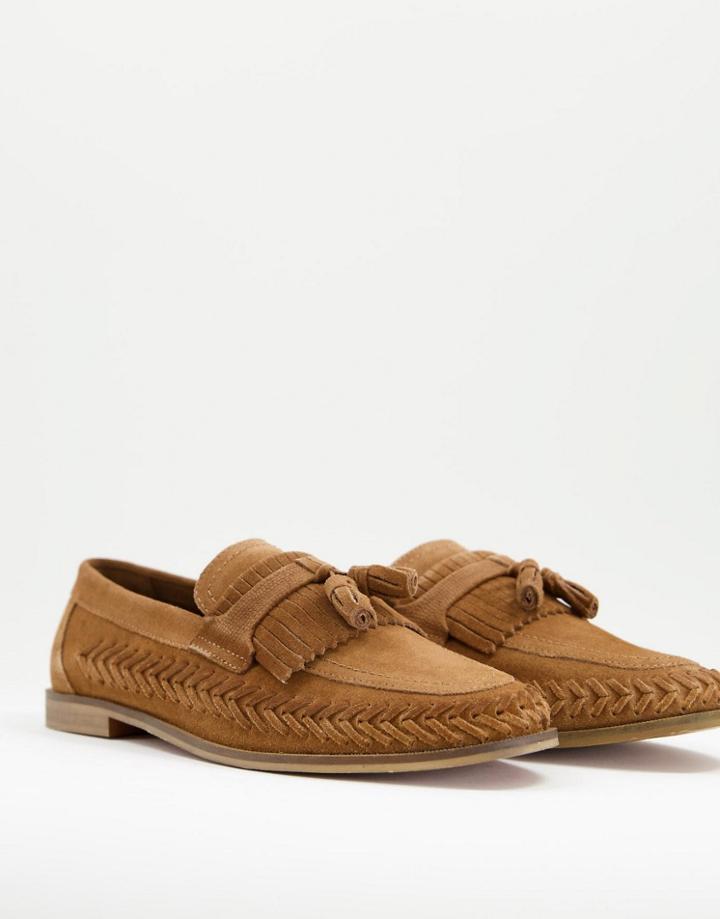 Walk London Arrow Woven Loafers In Tan Suede-brown