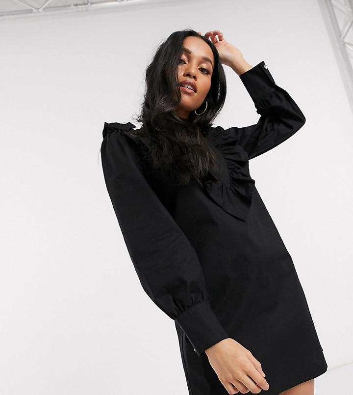 River Island Petite Cotton Poplin V-neck Dress In Black