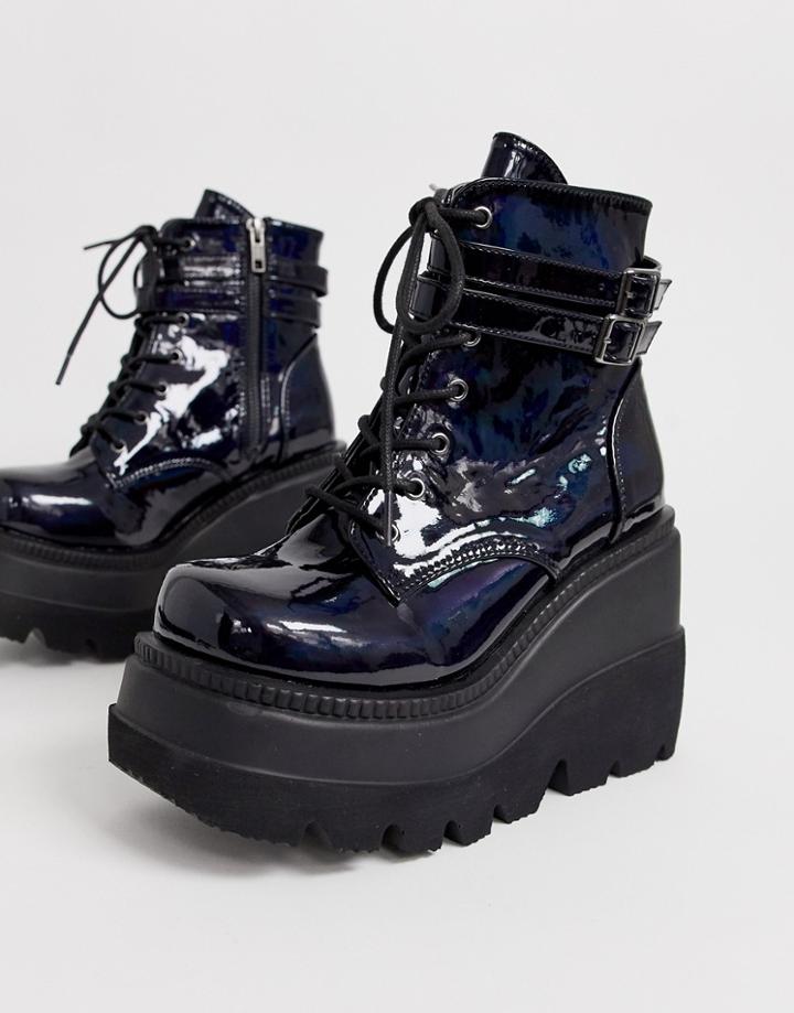 Demonia Shaker Double Buckle Chunky Flatform Boots In Black