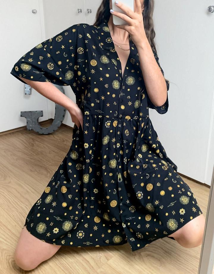 Noisy May Shirt Dress With Zodiac Print In Black