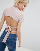 Asos Top In Rib With Cap Sleeve And Double Bow Back Detail - Pink