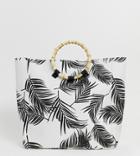 South Beach Exclusive Palm Print Beach Bag With Bamboo Effect Handle - Multi