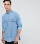 Asos Design Tall Oversized Denim Shirt With Double Pockets - Blue